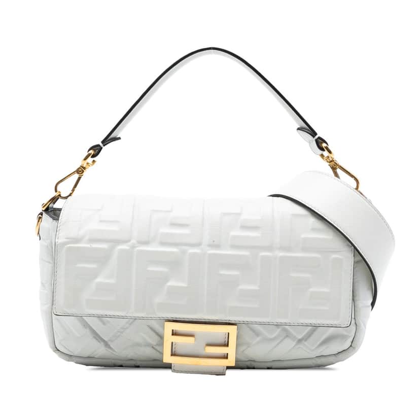 Fendi Zucca Embossed Leather Baguette Satchel White Leather Very good condition - Front View
