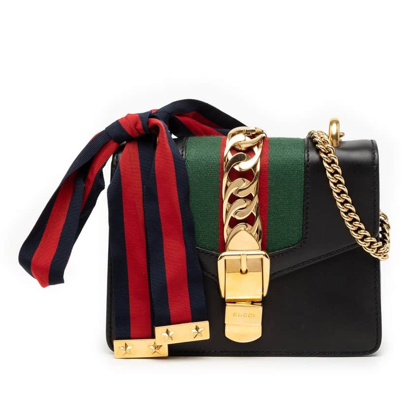 Gucci Mini Leather Web Sylvie Chain Crossbody Black Leather Very good condition - Front View