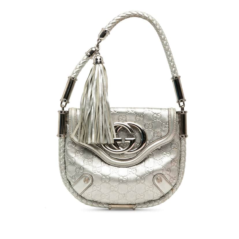 Gucci Medium Metallic Guccissima Britt Tassel Flap Handbag Silver Leather Very good condition - Front View