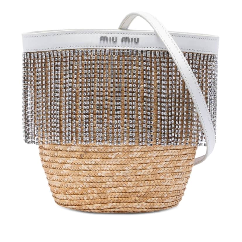 Miu Miu Wicker Crystal Fringe Bucket Bag Beige Very good condition - Front View