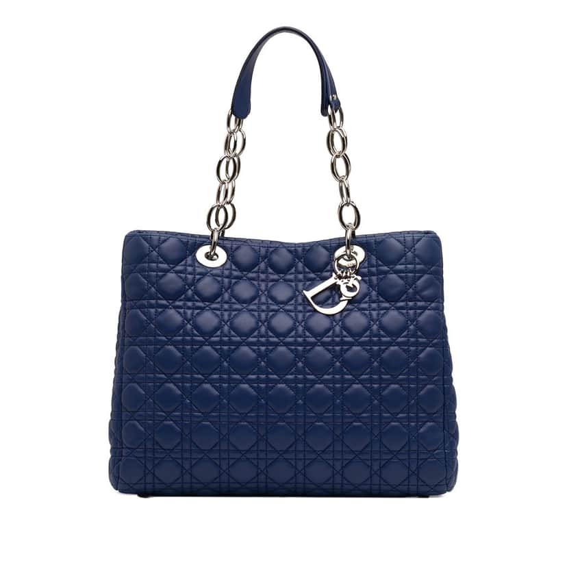 Dior Large Lambskin Cannage Lady Dior Soft Shopping Tote Blue Leather Very good condition - Front View