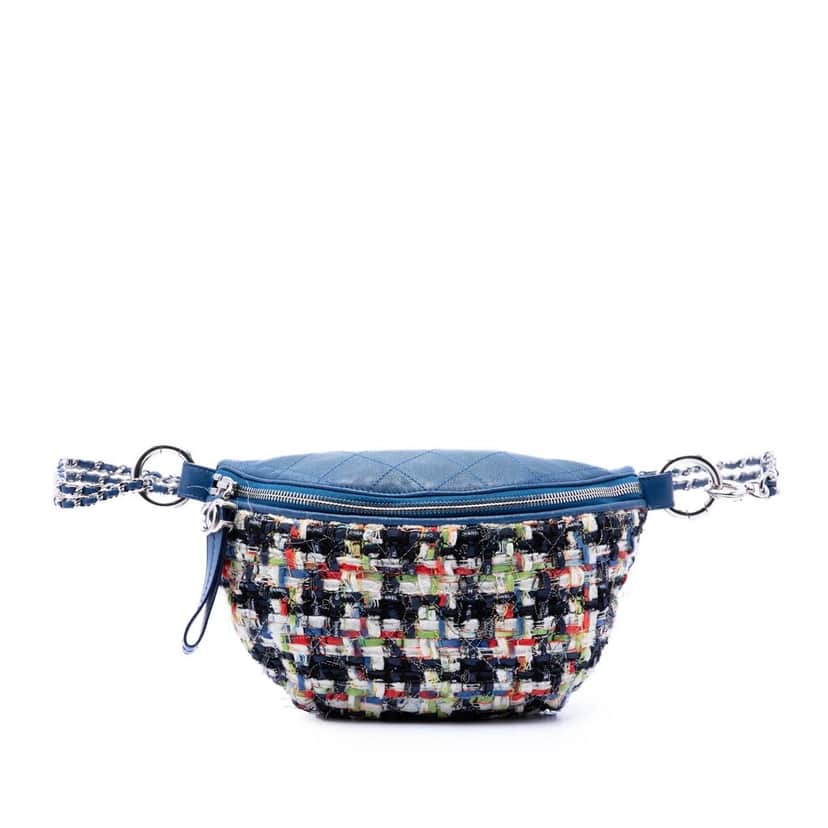 Chanel Tweed and Stitched Calfskin Convertible Waist Bag Blue Very good condition - Front View