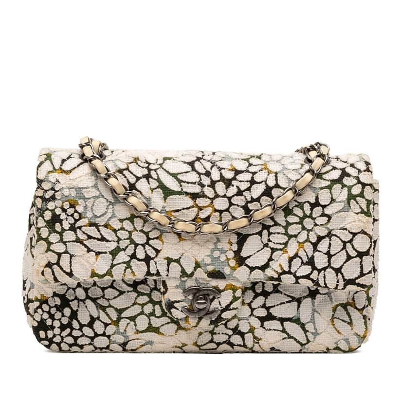 Chanel Medium Classic Chevron Tweed Floral Double Flap White Very good condition - Front View