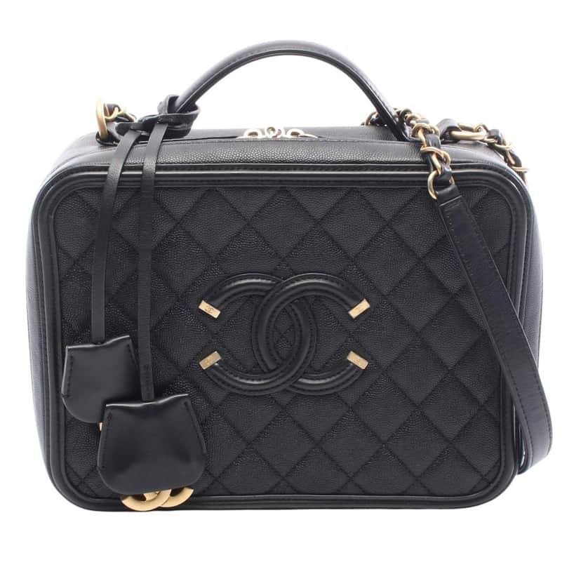 Chanel Large Caviar CC Filigree Vanity Case Black Leather Very good condition - Front View