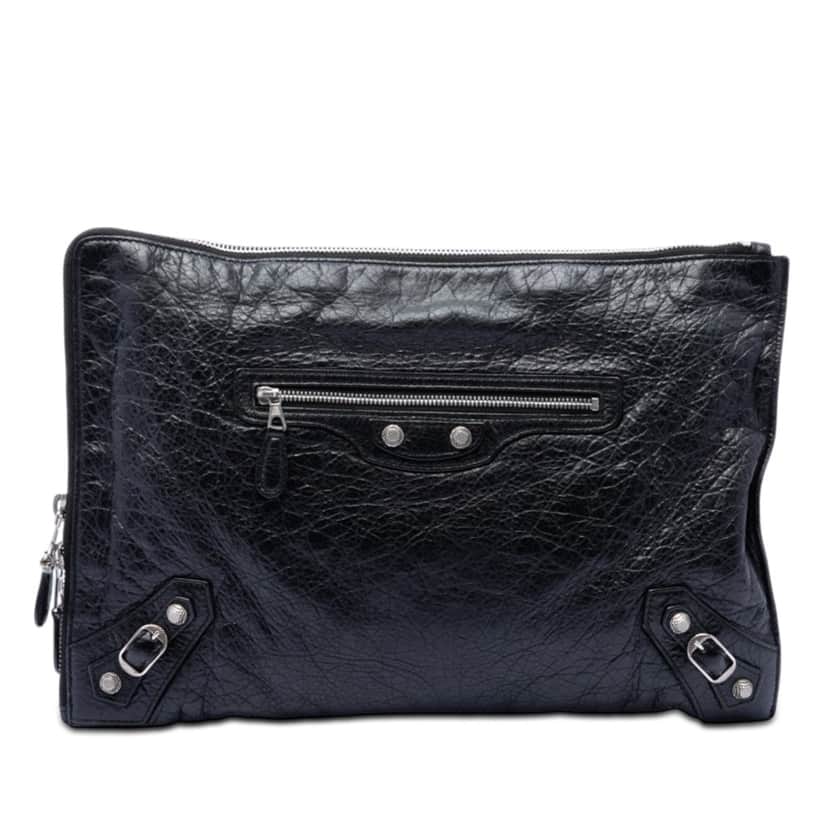 Balenciaga Lambskin Motocross Giant 12 Zip Around Flat Clutch Black Leather Very good condition - Front View