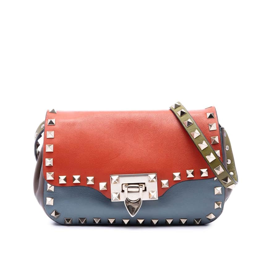 Valentino Tricolor Leather Rockstud Flip Lock Flap Red Leather Very good condition - Front View