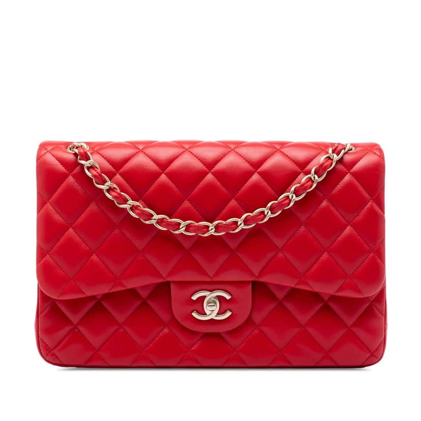Chanel Jumbo Classic Lambskin Double Flap Red Leather Very good condition - Front View