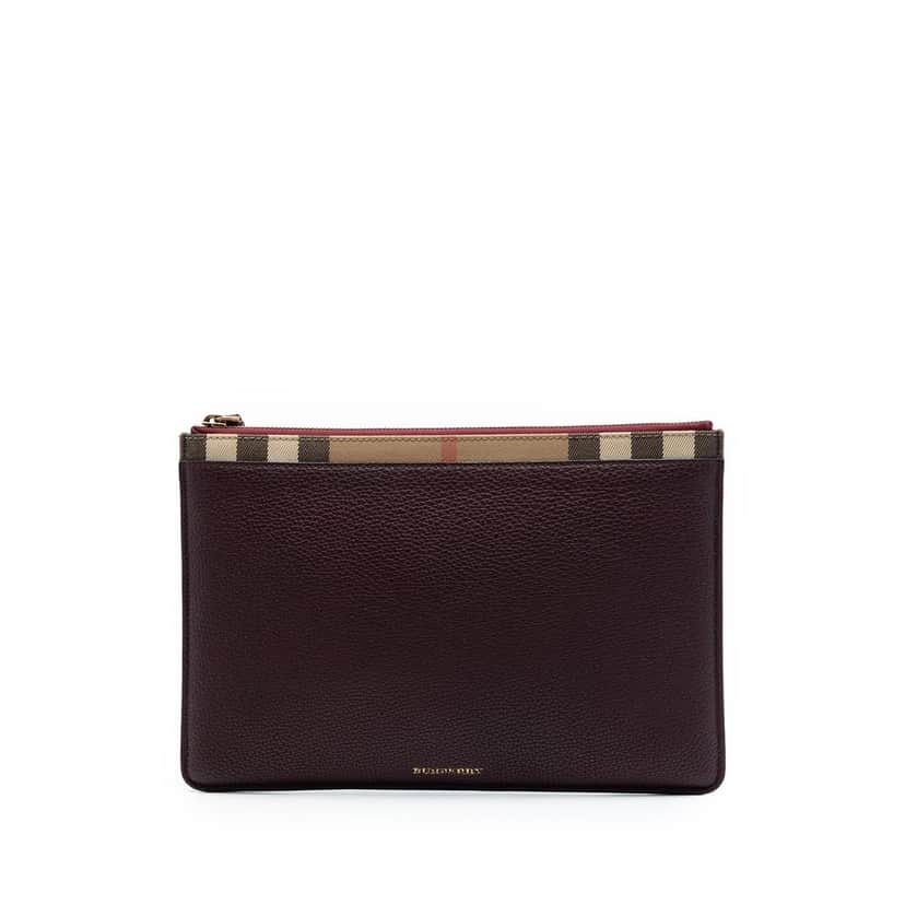 Burberry House Check Canvas Trimmed Grained Calfskin Zip Pouch Red Leather Very good condition - Front View