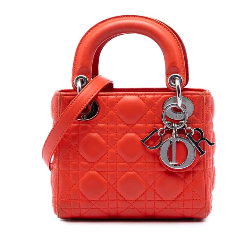 Dior Mini Lambskin Cannage Lady Dior Orange Leather Very good condition - Front View