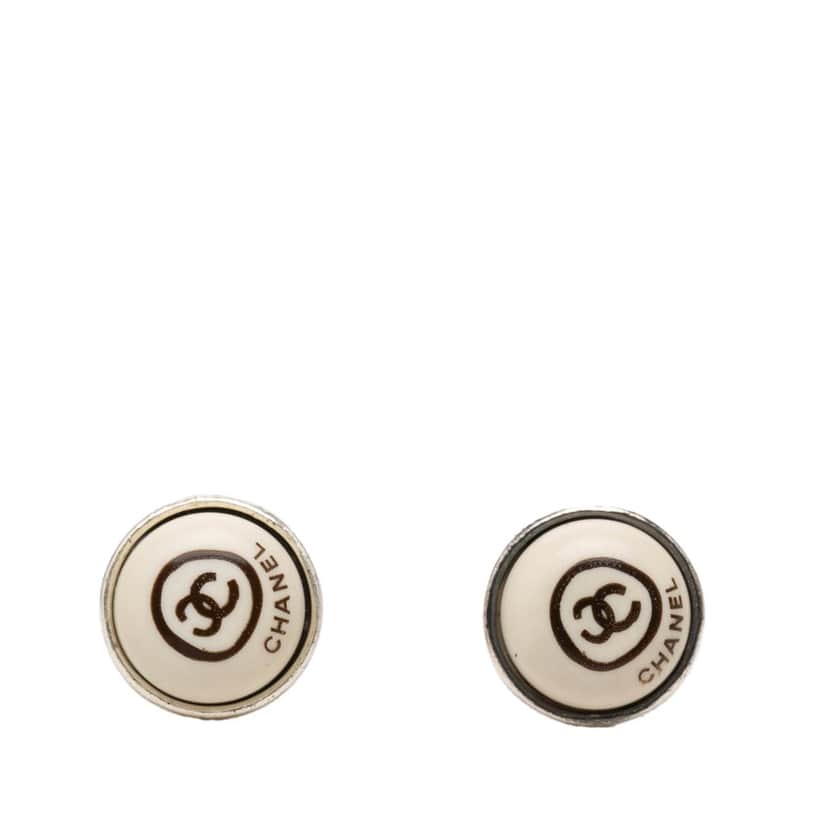 Chanel CC Brass Enamel Round Push Back Earrings Silver Metal Very good condition - Front View