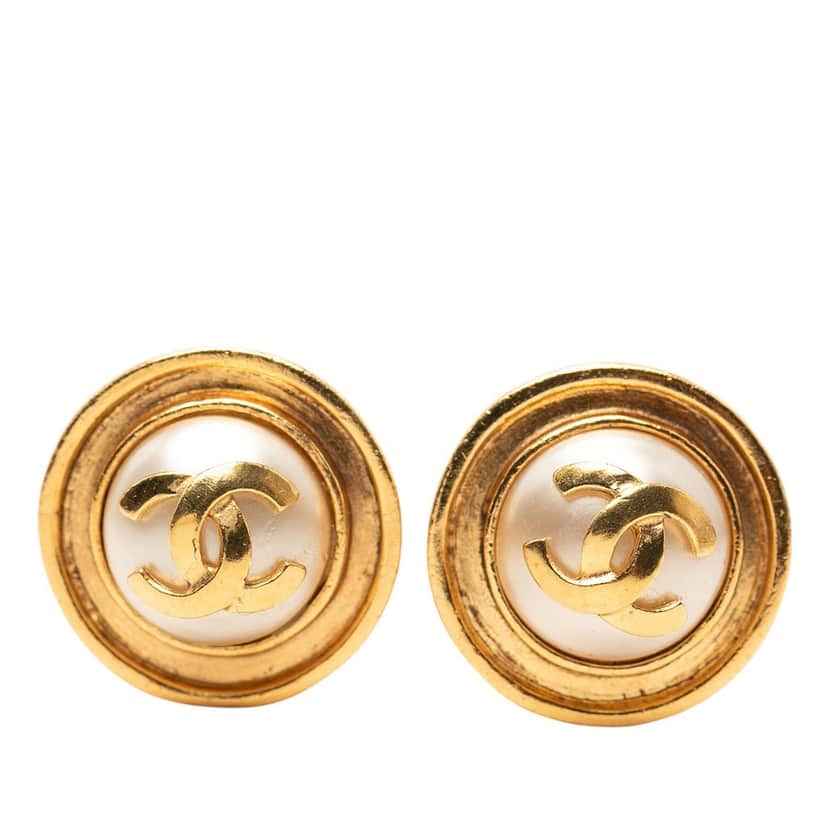 Chanel CC Gold Plated Faux Pearl Clip on Earrings Gold Metal Very good condition - Front View