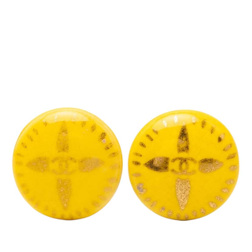Chanel CC Resin Round Clip On Earrings Yellow Plastic Very good condition - Front View