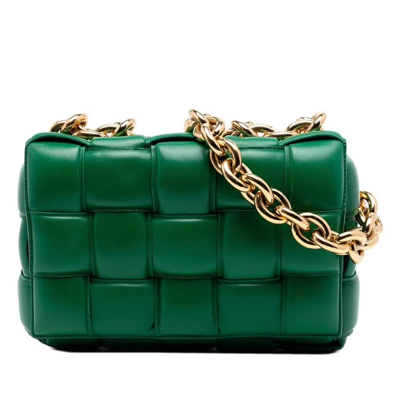 Bottega Veneta Nappa Intrecciato Padded Chain Cassette Satchel Green Leather Very good condition - Front View