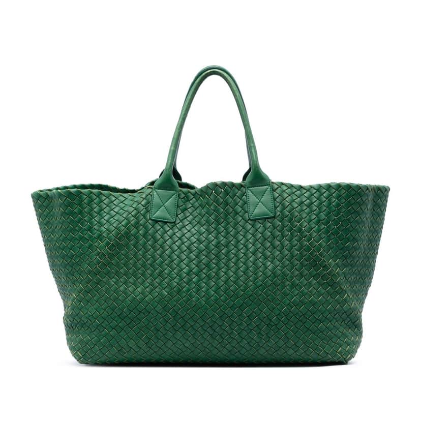 Bottega Veneta Limited Edition Large Lambskin Intreccio Cabat Tote Green Leather Very good condition - Front View