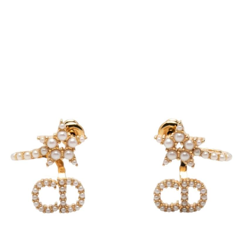 Dior Gold Plated Faux Pearl Clair D Lune CD Logo Push Back Earrings Gold Metal Very good condition - Front View
