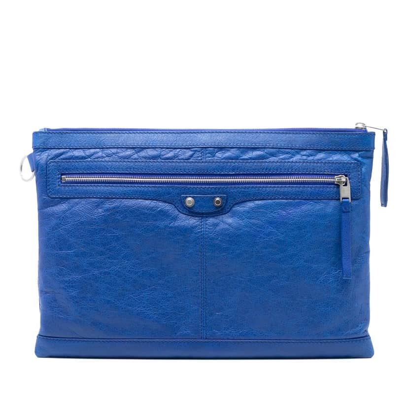 Balenciaga Lambskin Motocross Classic Clip L Clutch Blue Leather Very good condition - Front View