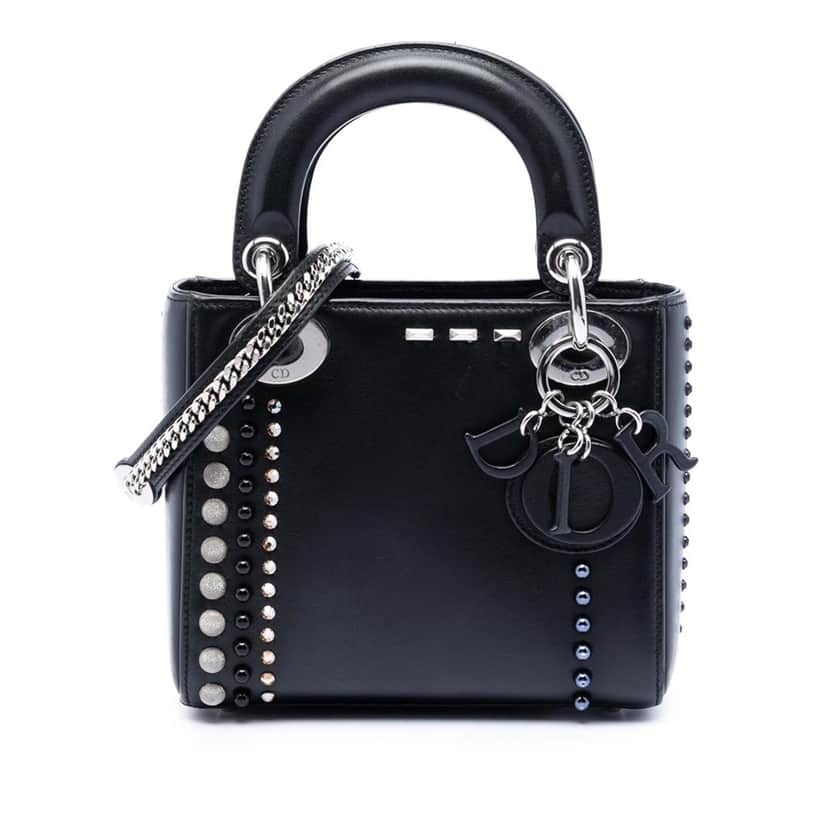 Dior Mini Lambskin Studded Crystal Pearl Lady Dior Black Leather Very good condition - Front View