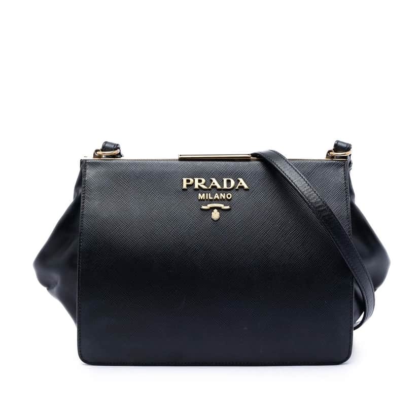 Prada Saffiano and City Calf Light Frame Crossbody Black Leather Very good condition - Front View