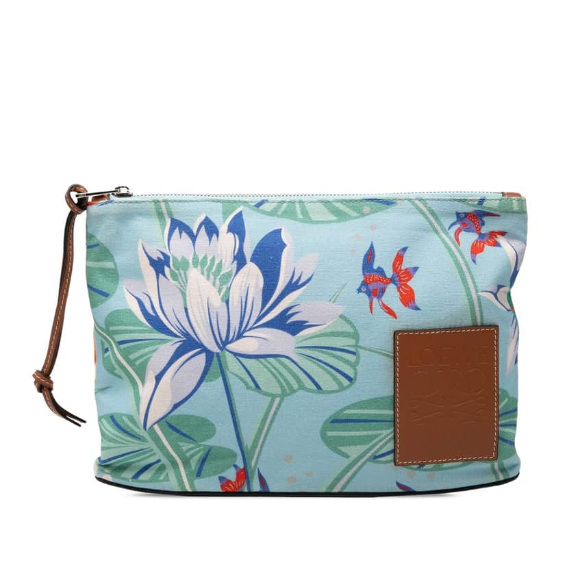 Loewe Paulas Ibiza Canvas Waterlily Print Pouch Blue Very good condition - Front View