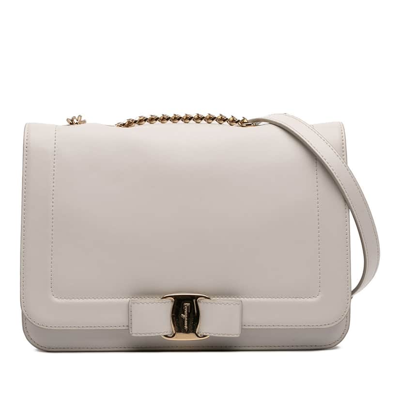 Salvatore Ferragamo Leather Vara Bow Chain Crossbody White Leather Very good condition - Front View