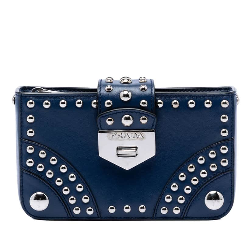 Prada City Calfskin Studded Elektra Turn Lock Clutch Blue Leather Very good condition - Front View