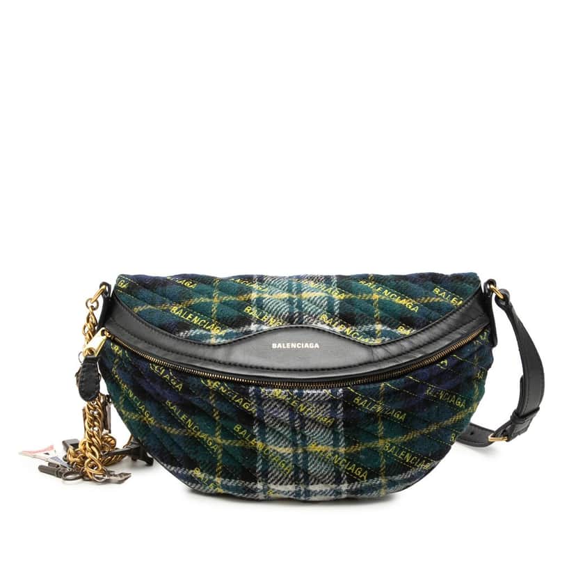 Balenciaga Diagonal Quilted Wool Allover Logo Souvenir Belt Bag XS Green Very good condition - Front View