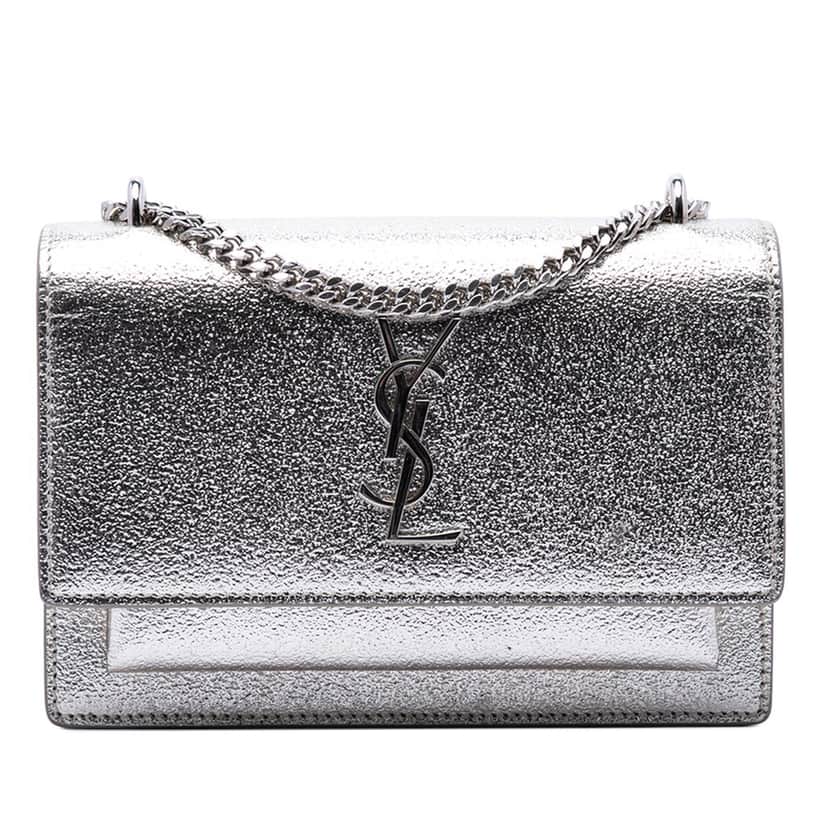 Saint Laurent Mini Metallic Calfskin Monogram Sunset Wallet on Chain Silver Leather Very good condition - Front View