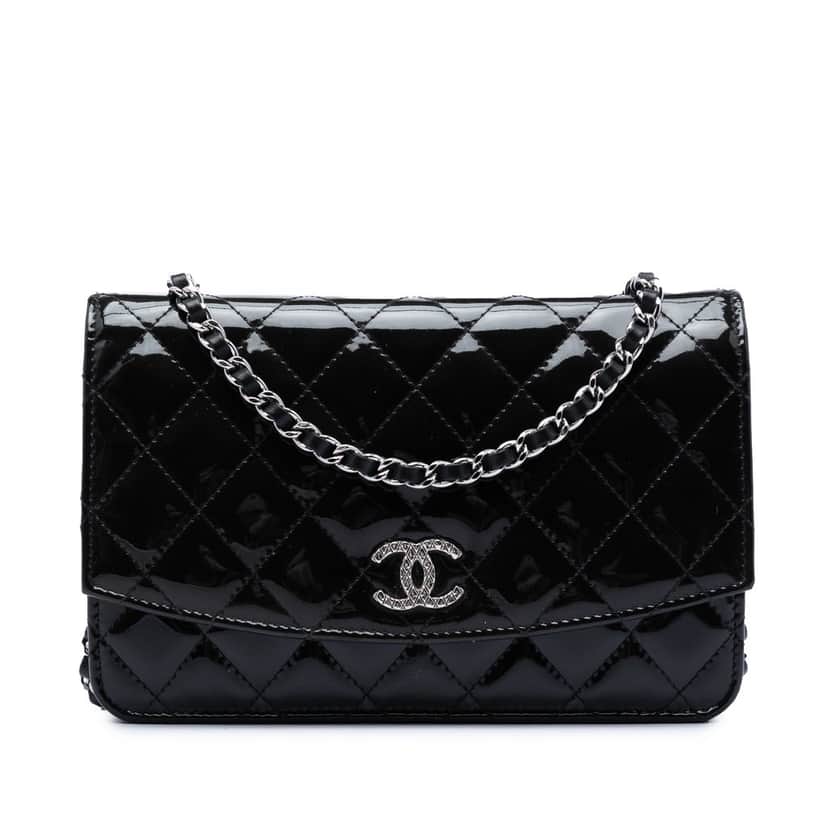 Chanel CC Quilted Patent Brilliant Wallet On Chain Black Leather Very good condition - Front View