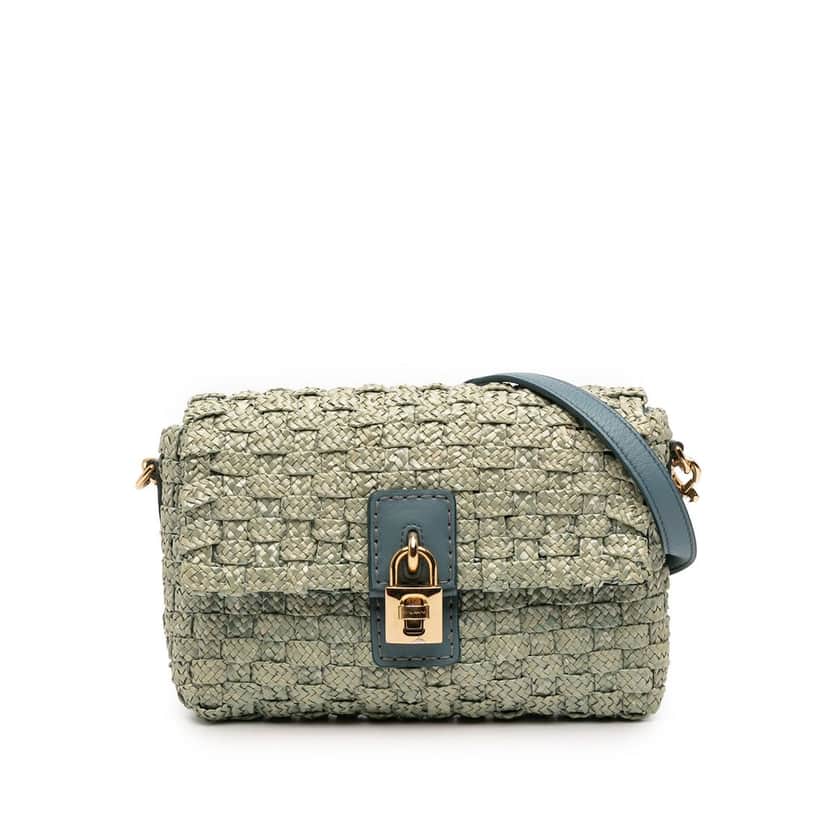 Dolce & Gabbana Leather Trimmed Woven Raffia Padlock Crossbody Blue Very good condition - Front View