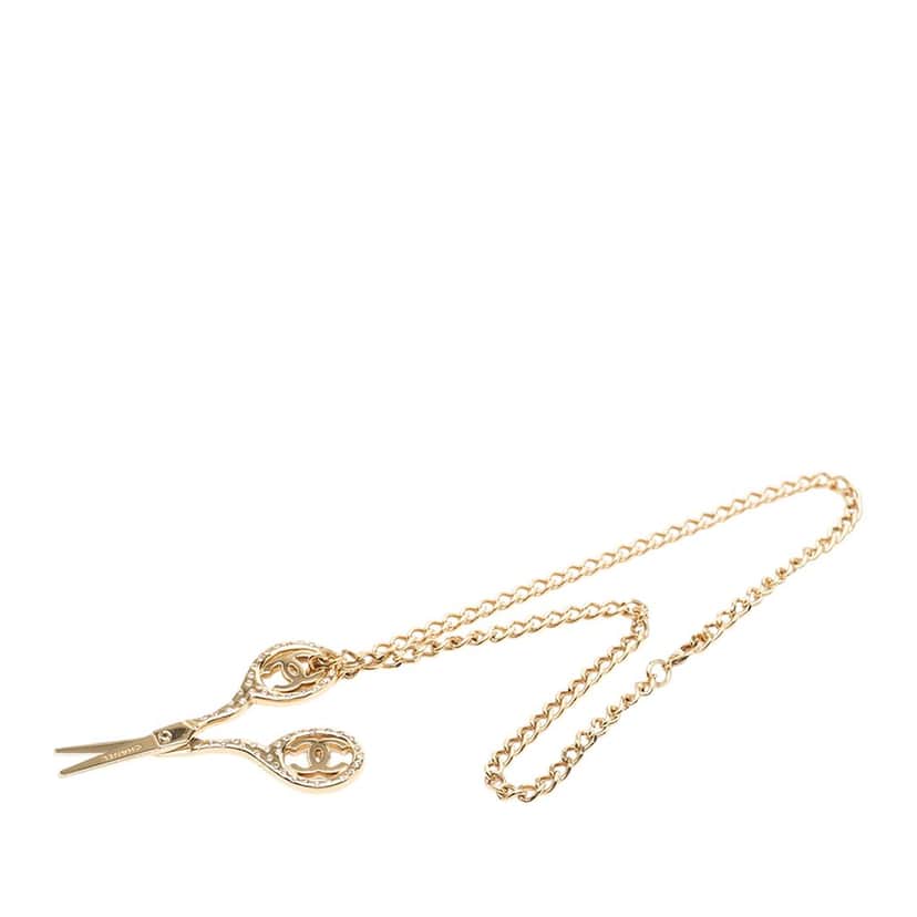 Chanel CC Gold Plated Strass Scissor Pendant Necklace Gold Metal Very good condition - Front View
