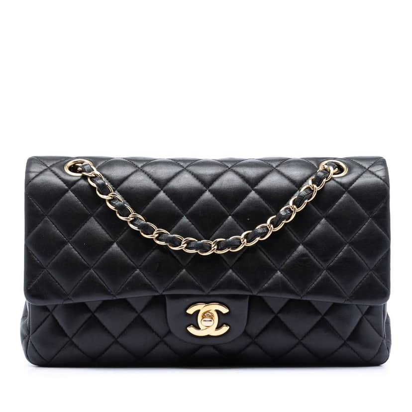 Chanel Medium Classic Lambskin Double Flap Black Leather Very good condition - Front View