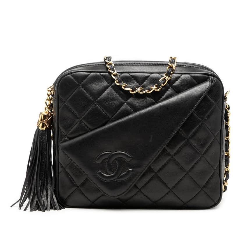 Chanel Mini CC Quilted Lambskin Tassel Camera Bag Black Leather Very good condition - Front View