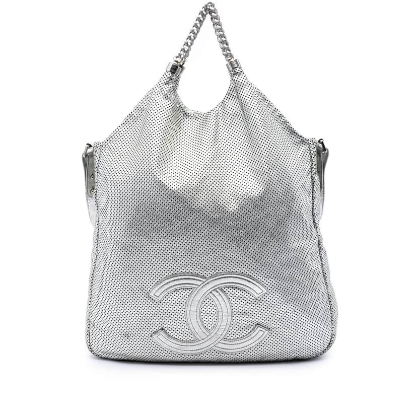 Chanel Large Metallic Glazed Calfskin Perforated Rodeo Drive Satchel Silver Leather Very good condition - Front View