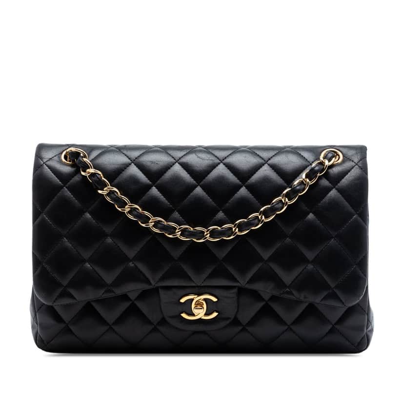 Chanel Jumbo Classic Lambskin Double Flap Black Leather Very good condition - Front View