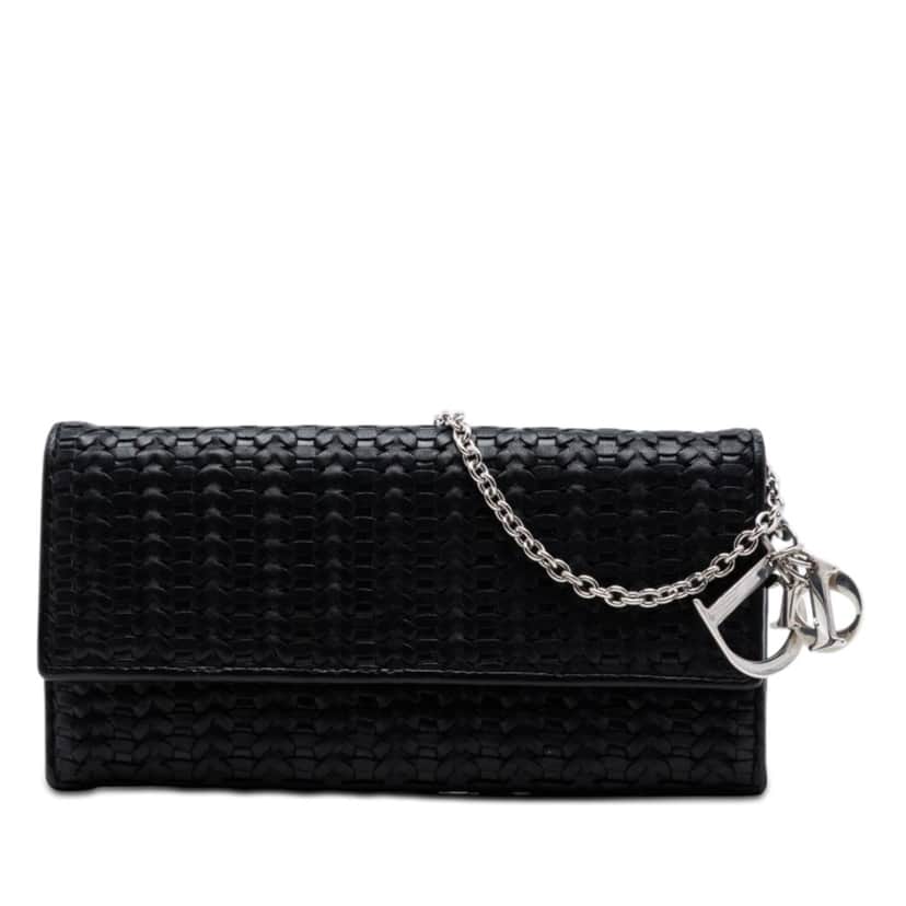 Dior Woven Lambskin Lady Dior Rendezvouz Wallet on Chain Black Leather Very good condition - Front View