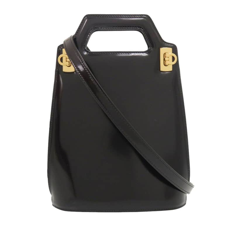 Salvatore Ferragamo Mini Brushed Calfskin Gancini North South Wanda Top Handle Bag Black Leather Very good condition - Front View