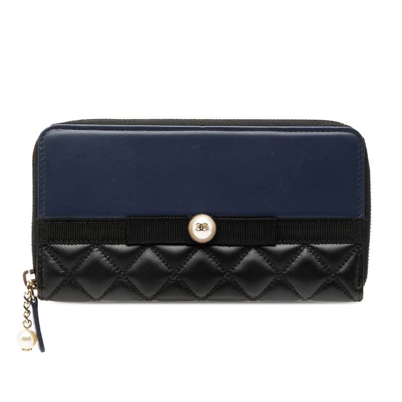 Chanel Bicolor Quilted Lambskin Faux Pearl Ribbon Long Wallet
