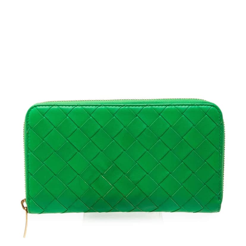 Bottega Veneta Nappa Intrecciato Zip Around Wallet Green Leather Very good condition - Front View