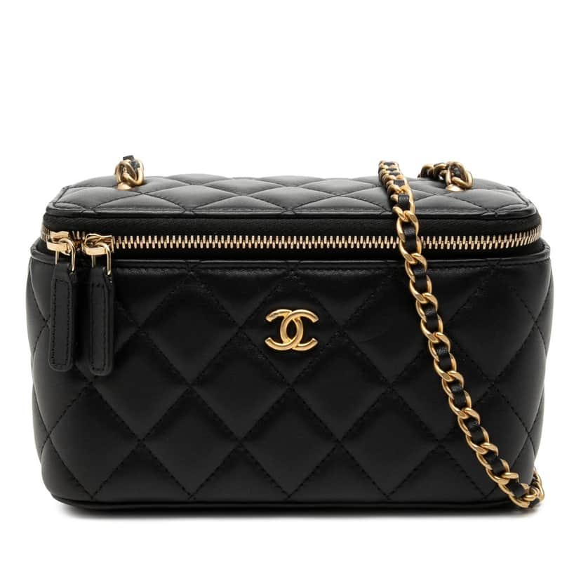 Chanel Small Quilted Lambskin Pearl Crush Vanity Case with Chain Black Leather Very good condition - Front View