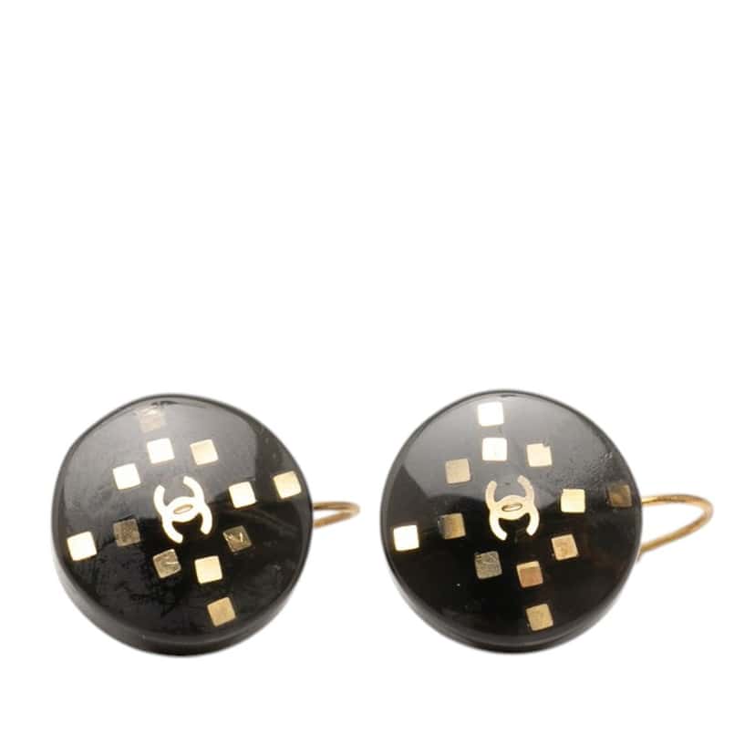 Chanel CC Enamel Gold Plated Round Lever Back Earrings
