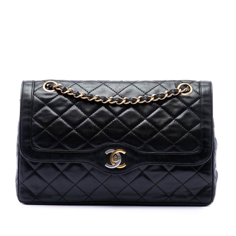 Chanel Limited Edition Paris Quilted Lambskin Double Flap Black Leather Very good condition - Front View