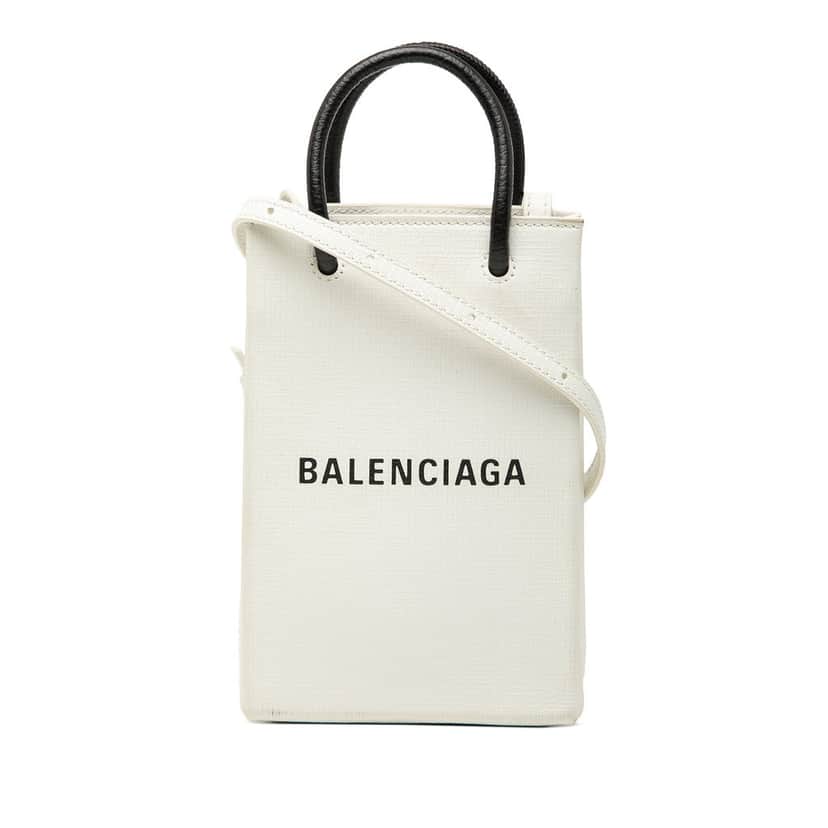 Balenciaga Mini Calfskin Logo Shopping Phone Holder White Leather Very good condition - Front View