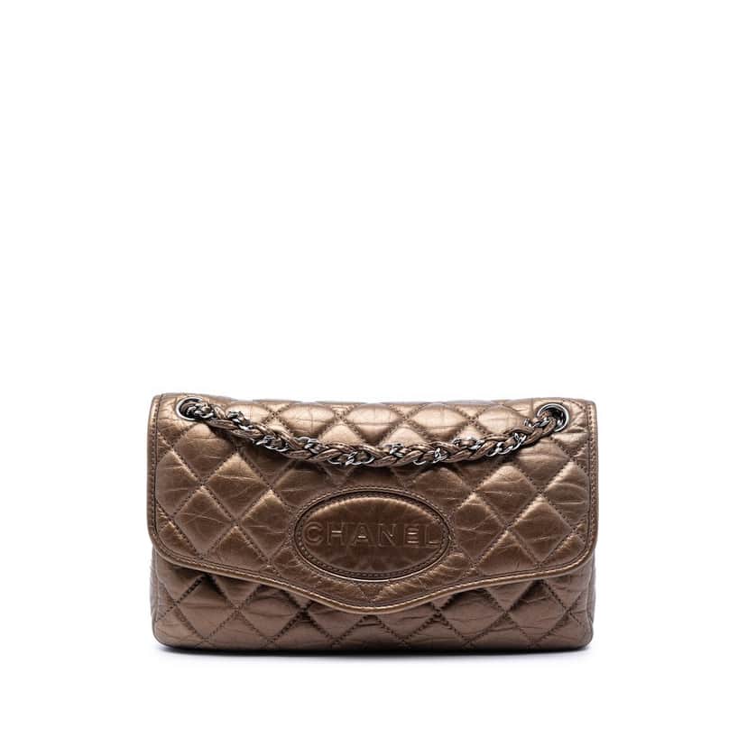Chanel Quilted Metallic Aged Calfskin Vintage Ligne Flap Brown Leather Very good condition - Front View
