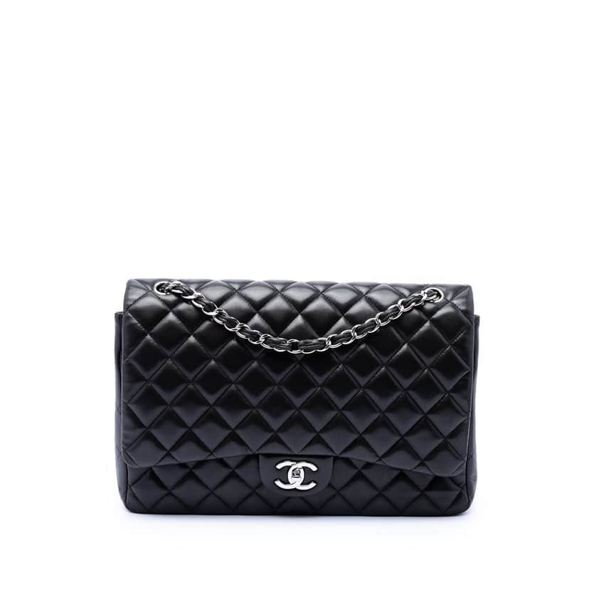 Chanel Maxi Classic Lambskin Double Flap Black Leather Very good condition - Front View