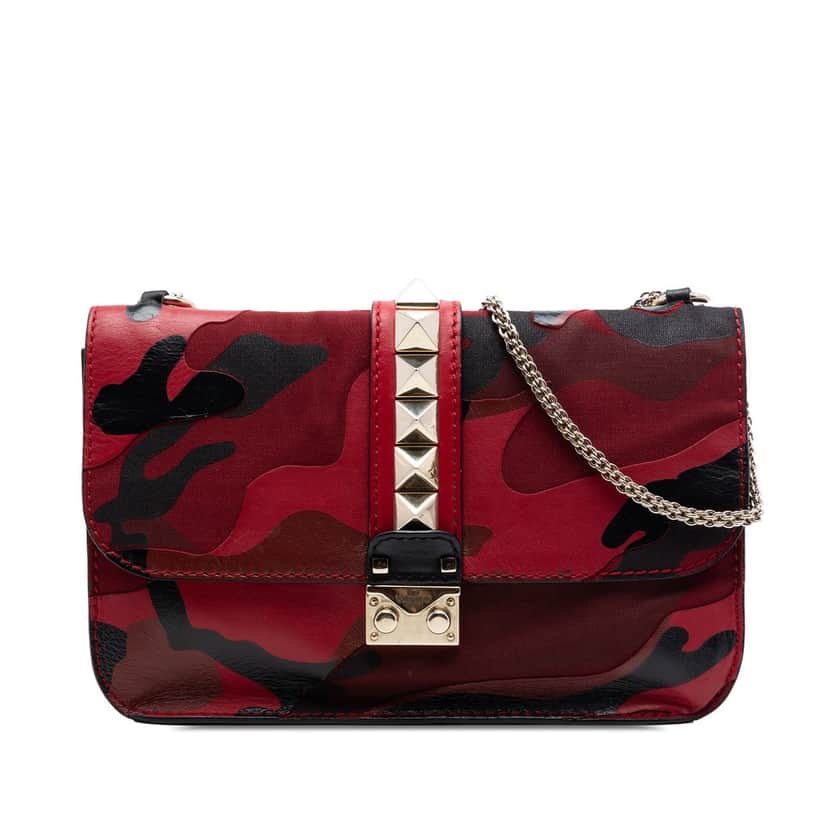 Valentino Medium Nappa and Canvas Camouflage Rockstud Glam Lock Crossbody Red Leather Very good condition - Front View