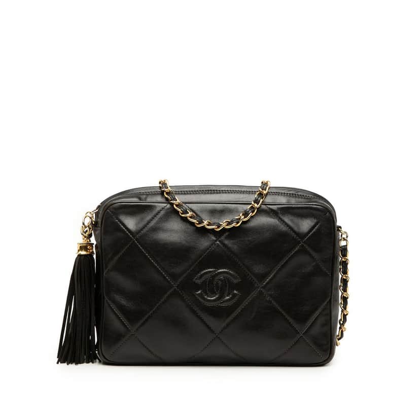 Chanel CC Diamond Quilted Lambskin Tassel Camera Bag Black Leather Very good condition - Front View