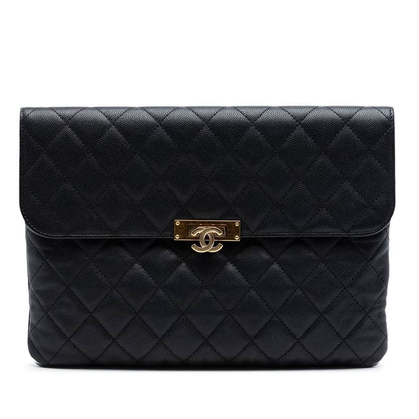 Chanel Medium Quilted Caviar Golden Class O Case Clutch Black Leather Very good condition - Front View