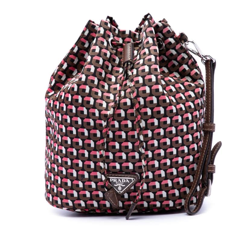Prada Tessuto Geometric Print Drawstring Pouch Brown Very good condition - Front View