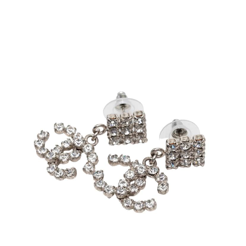 Chanel CC Brass Strass Drop Push Back Earrings Silver Metal Very good condition - Front View