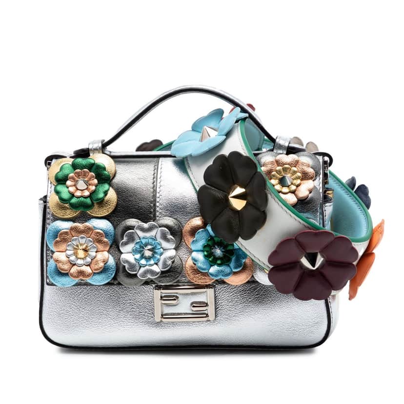 Fendi Micro Bicolor Metallic Leather Flowerland Double Baguette Satchel Silver Leather Very good condition - Front View